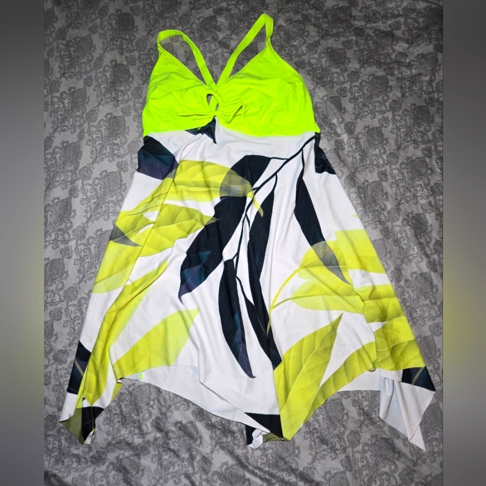 Vibrant Neon and Leaf Print Swim Top